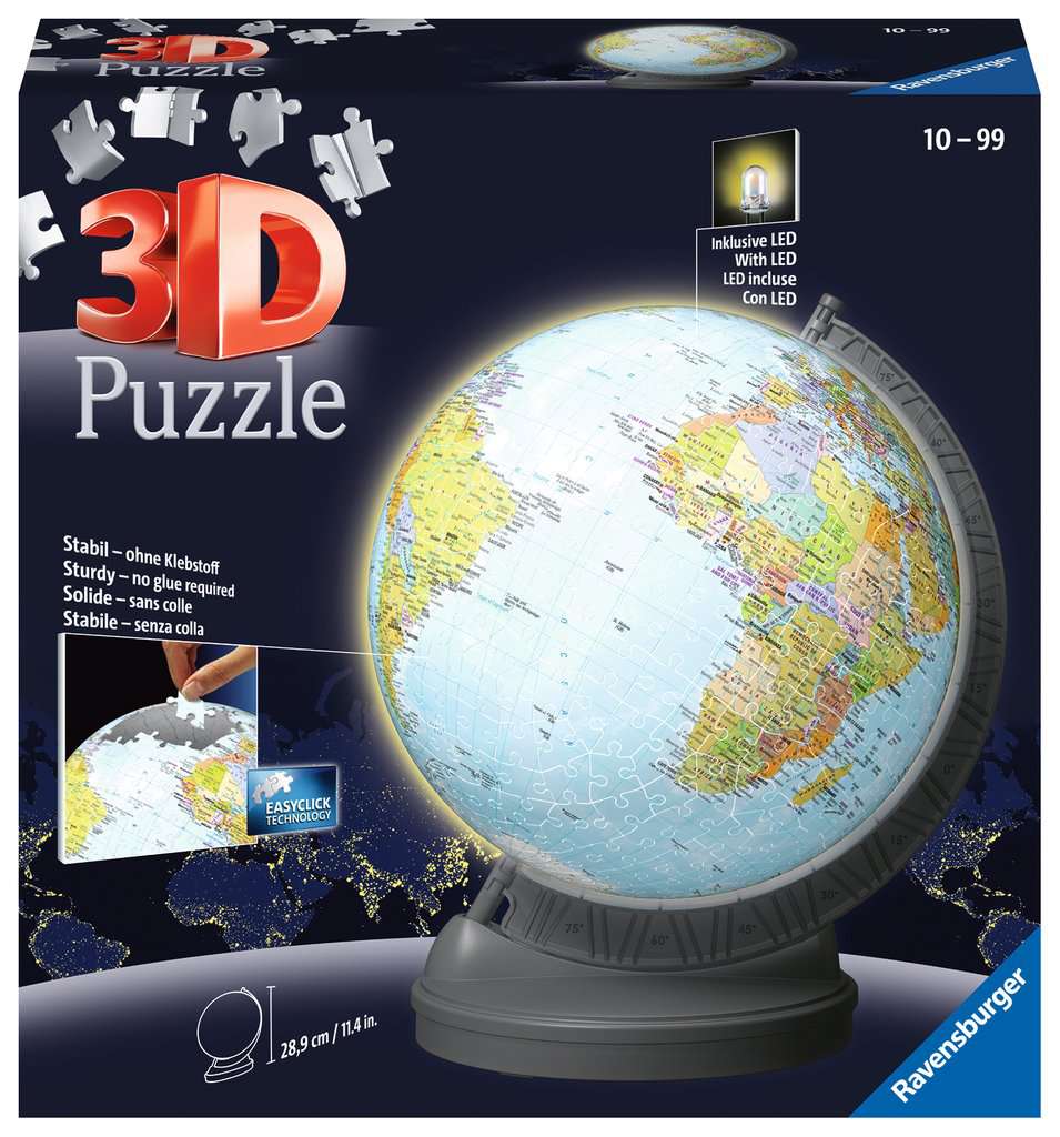 גלובוס כדור הארץ "Puzzle Ball" + "Night Edition" - פאזל תלת מימד כדור 540 חלקים עם תאורת לילה RAVENSBURGER