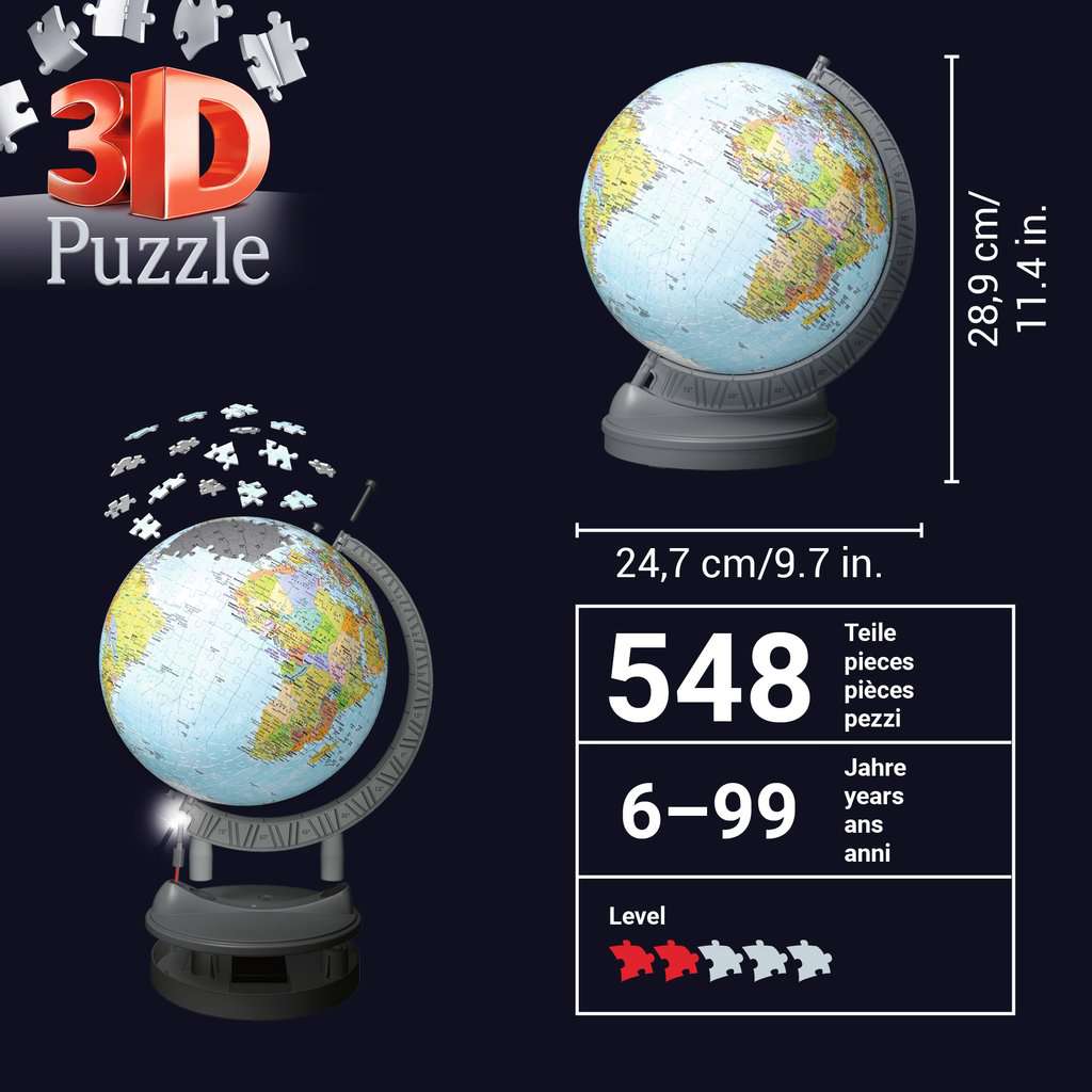 גלובוס כדור הארץ "Puzzle Ball" + "Night Edition" - פאזל תלת מימד כדור 540 חלקים עם תאורת לילה RAVENSBURGER