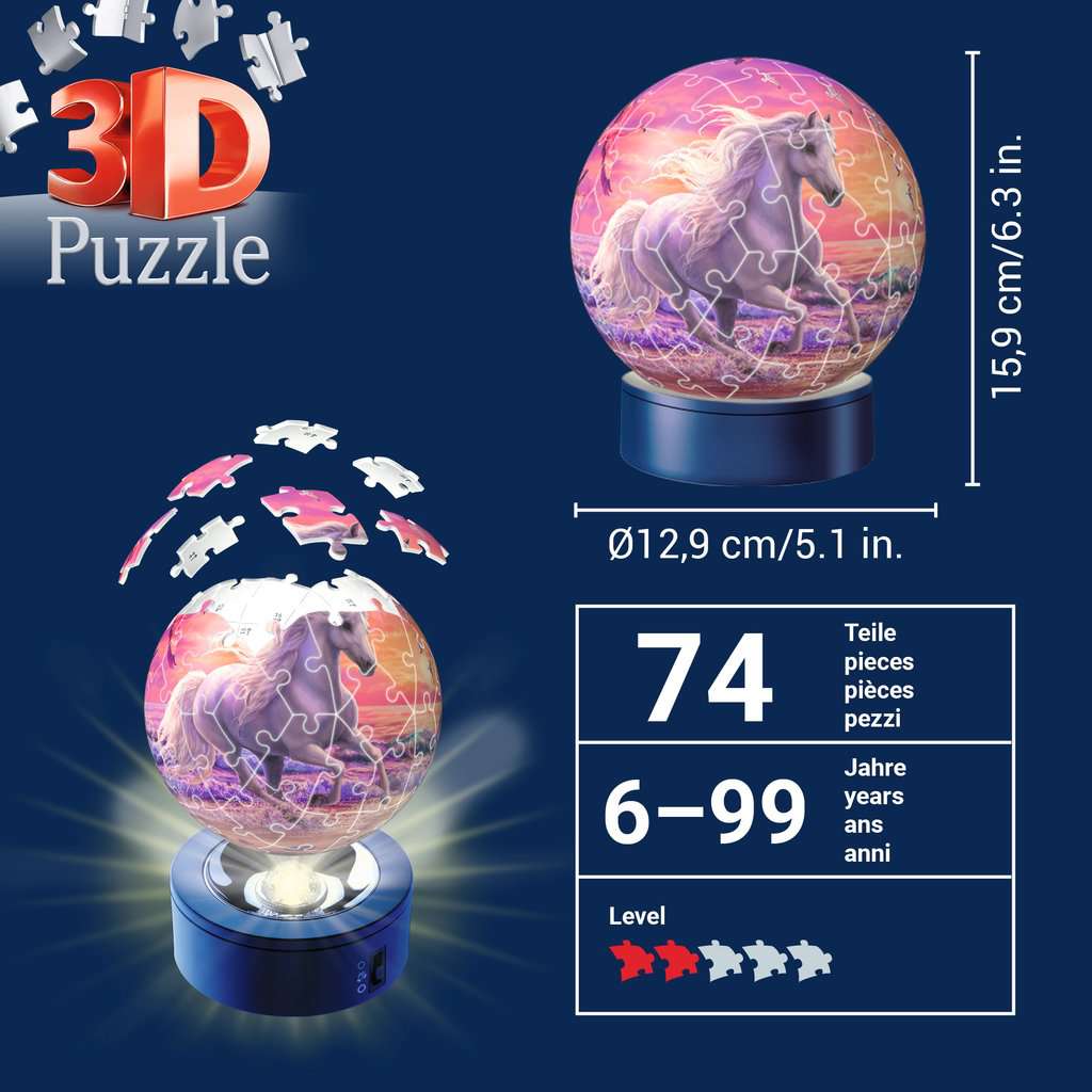 סוס בחוף קסום "NightLight" - פאזל תלת מימד כדור 72 חלקים עם מנורת לילה RAVENSBURGER
