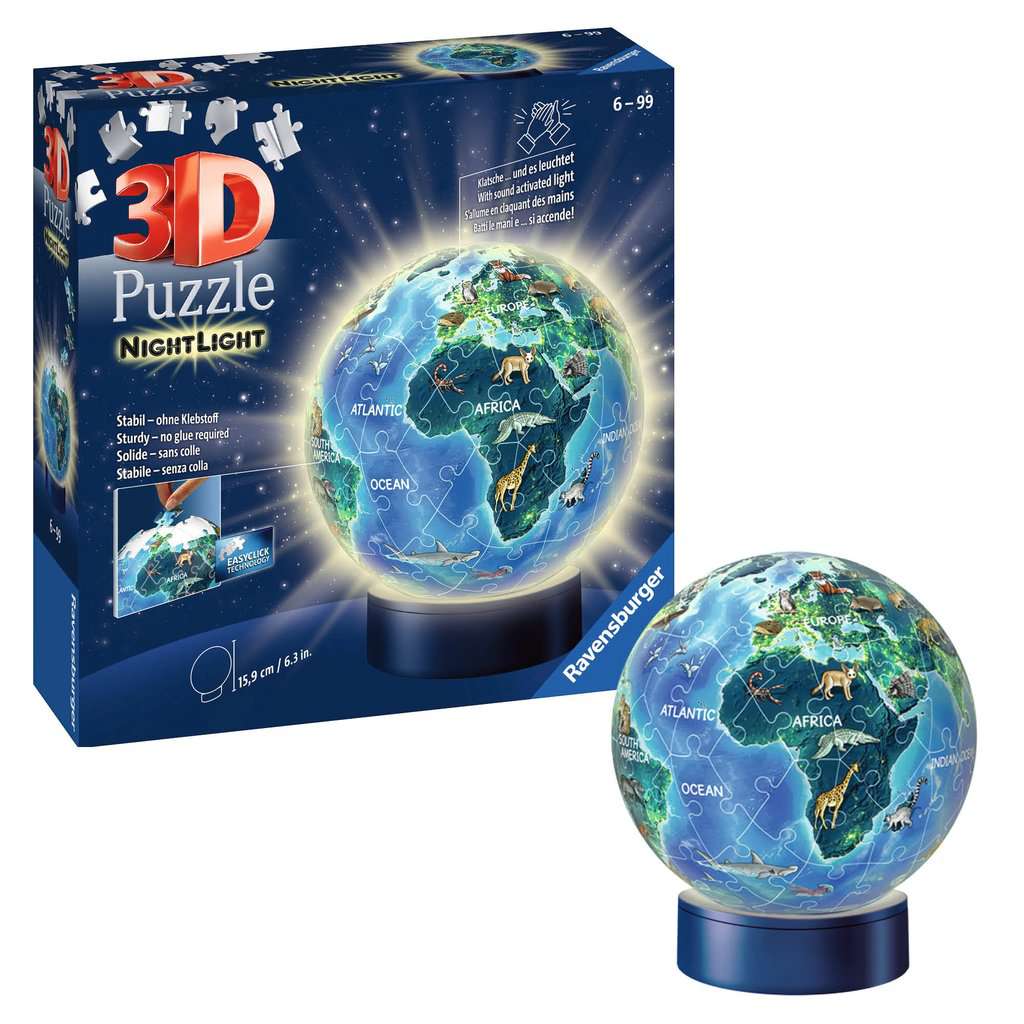 גלובוס כדור הארץ "NightLight" - פאזל תלת מימד כדור 72 חלקים עם מנורת לילה! RAVENSBURGER