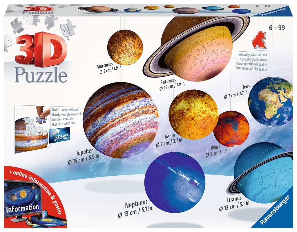 מערכת השמש - סט של 8 פאזלים תלת מימד כדור עם 522 חלקים RAVENSBURGER