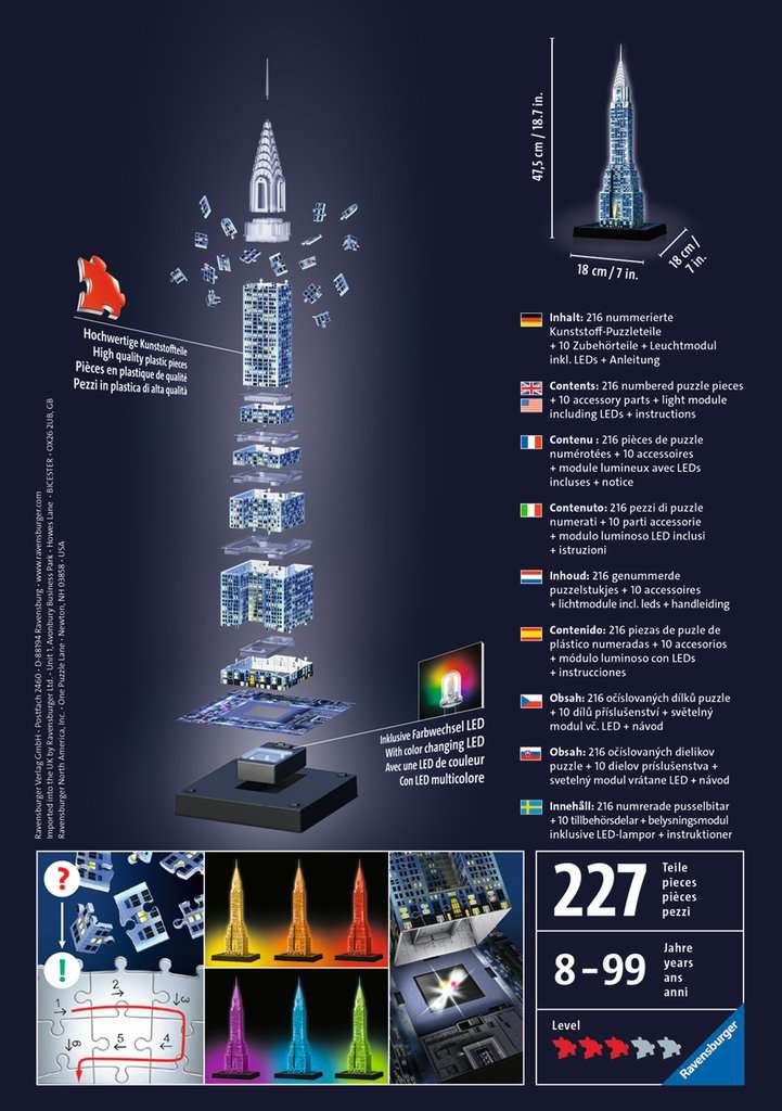 בנין קרייזלר, מנהטן "Night Edition" - פאזל תלת מימד 216 חלקים עם תאורת לילה! RAVENSBURGER