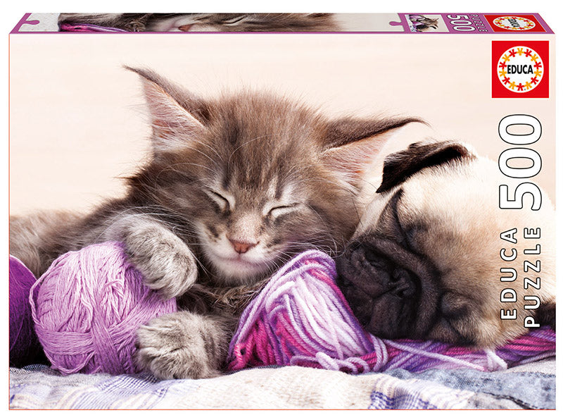 פאזל 500 חל' - חתלתולה וכלבלב על צמר