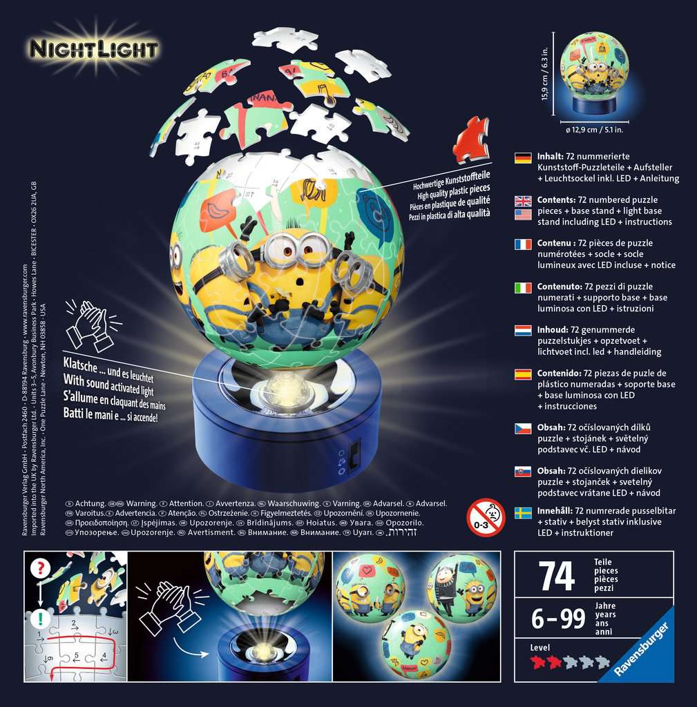 המיניונים "NightLight" - פאזל תלת מימד כדור 72 חלקים עם מנורת לילה RAVENSBURGER