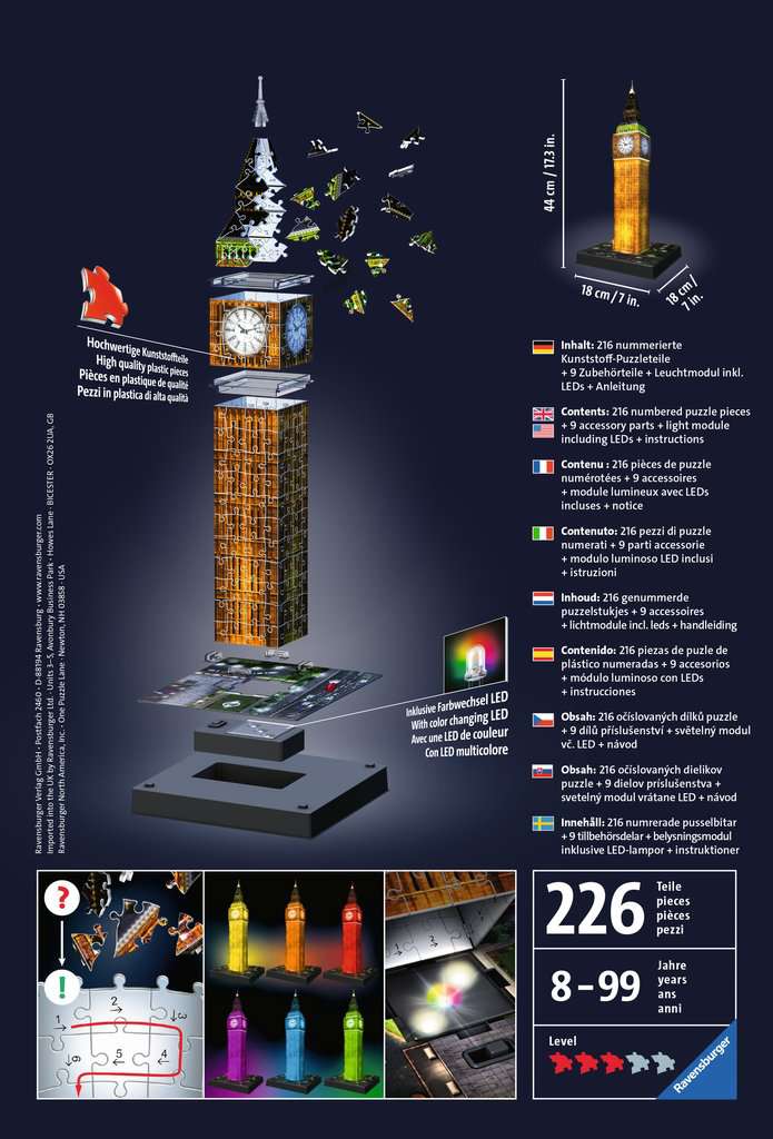 פאזל 3D - הביג-בן, לונדון, 216 חלקים - כולל תאורת לילה!